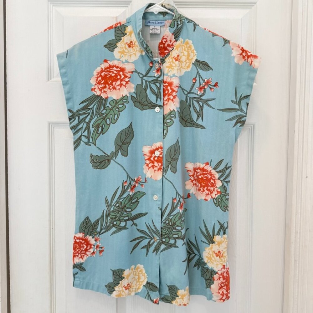 Anna Ocean 100% silk button down cap sleeve top blouse floral mandarin collar